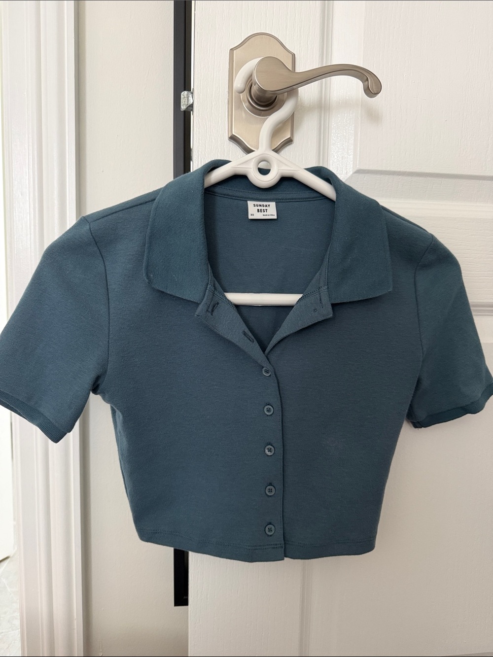 Sunday Best Teal Cropped Button Front Polo